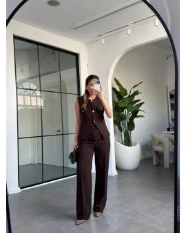 KAHVE GOLD DÜĞMELİ CEP KAPAKLI YELEK PANTOLON TAKIM