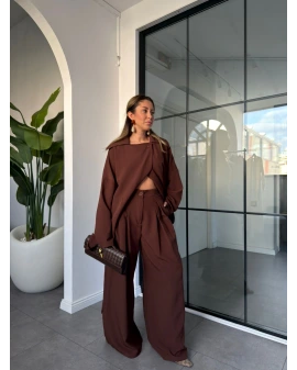 ACI KAHVE YAKADAN DÜĞMELİ KUŞAKLI CEKET PANTOLON TAKIM