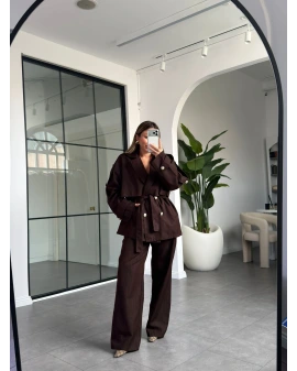 ACI KAHVE APOLET DETAY KUŞAKLI CEKET PANTOLON TAKIM