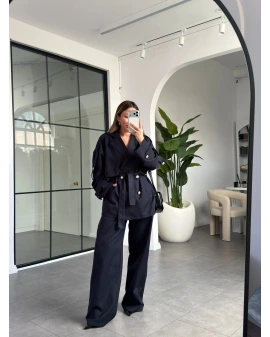 LACİVERT APOLET DETAY KUŞAKLI CEKET PANTOLON TAKIM