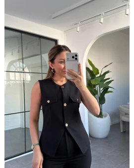 SİYAH GOLD DÜĞMELİ CEP KAPAKLI YELEK PANTOLON TAKIM