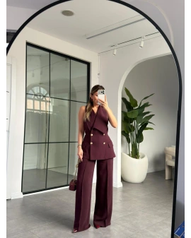BORDO ASİMETRİK YAKA GOLD DÜĞMELİ YELEK PANTOLON TAKIM