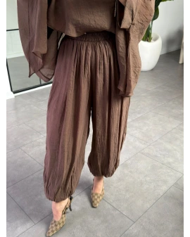 KAHVE DÖKÜMLÜ ŞİFON ŞALVAR PANTOLON
