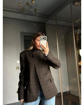 KAHVE HAKİM YAKA EKOSE CEKET