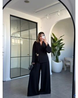 SİYAH GÜL BROŞLU KİMONO TAKIM 8896