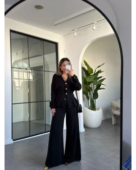 SİYAH V YAKA BELDEN OTURTMALI CEKET TAKIM 03026