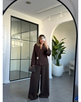 KAHVE GÜL BROŞLU KİMONO TAKIM 8896