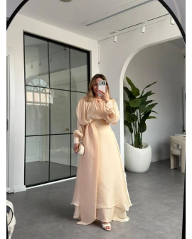 KREM VATKALI DRAPELİ UZUN EBİSE 1074