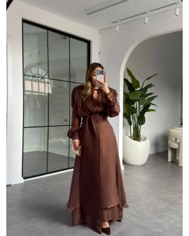 KAHVE VATKALI DRAPELİ UZUN EBİSE 1074