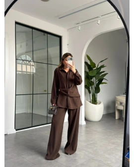 KAHVE KRUVAZE ALTIN DÜĞMELİ GÖMLEK TAKIM 1234