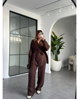 KAHVE ŞAL YAKA KİMONO TAKIM