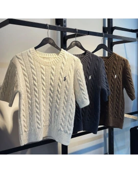 EKRU BİSİKLET YAKA SAÇ ÖRGÜ DESEN KISA KOLLU TRİKO