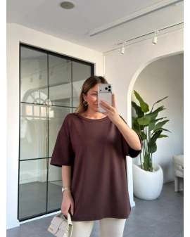 KAHVE SIRTI V DANTELLİ T-SHİRT