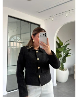 SİYAH TÜVİT GOLD DÜĞMELİ KISA CEKET