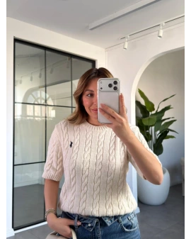 EKRU BİSİKLET YAKA SAÇ ÖRGÜ DESEN KISA KOLLU TRİKO