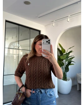 KAHVE BİSİKLET YAKA SAÇ ÖRGÜ DESEN KISA KOLLU TRİKO