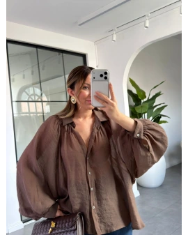 KAHVE OVERSİZE TRANSPARAN GÖMLEK