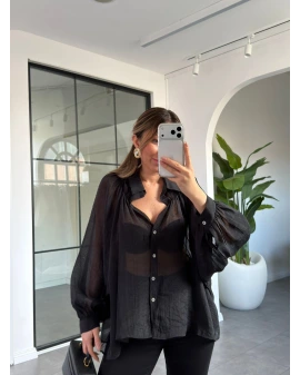 SİYAH OVERSİZE TRANSPARAN GÖMLEK