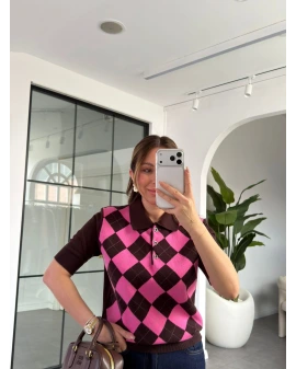 KAHVE PEMBE BAKLAVA DESEN KISA KOL TRİKO