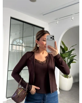 KAHVE DANTEL DETAY ATLETLİ HIRKA