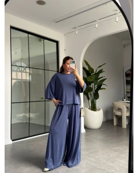 İNDİGO BEL DETAYLI DÖKÜMLÜ MODAL TAKIM