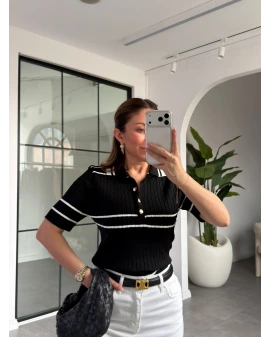 SİYAH ÇİZGİLİ KISA KOLLU TRİKO