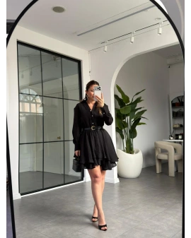 SİYAH TASARIM VOLANLI ELBİSE 12417