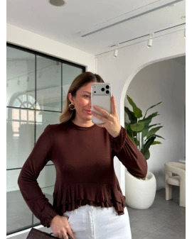 KAHVE ETEKLİ TRANSPARAN BLUZ 14385