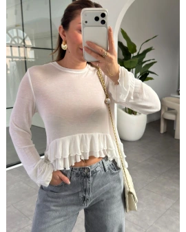 EKRU ETEKLİ TRANSPARAN BLUZ 14385