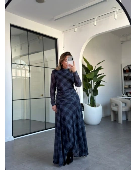 LACİVERT EKOSE DESEN BLUZ ETEK TAKIM 2095