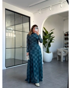 PETROL YEŞİLİ EKOSE DESEN BLUZ ETEK TAKIM 2095