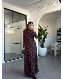 KAHVERENGİ EKOSE DESEN BLUZ ETEK TAKIM 2095