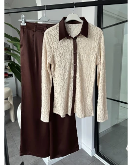 KAHVERENGİ DANTEL GÖMLEK SATEN PANTOLON TAKIM 60625