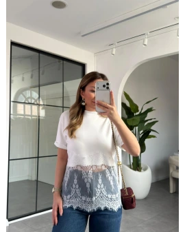 BEYAZ MODAL DANTELLİ CROP T-SHIRT 1074