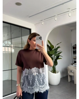 KAHVERENGİ MODAL DANTELLİ CROP T-SHIRT 1074