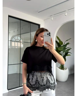 SİYAH MODAL DANTELLİ CROP T-SHIRT 1074