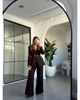 KAHVERENGİ ÇİFT KEMERLİ CEKET PANTOLON TAKIM 9268