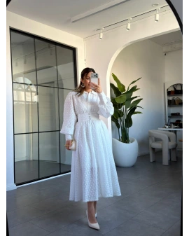 BEYAZ DANTEL MOTİFLİ BRODE ELBİSE 7376