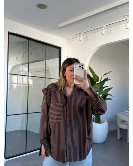 KAHVE ÇİZGİLİ FULAR DETAYLI GÖMLEK 9649