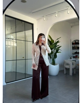 KAHVERENGİ DANTEL GÖMLEK SATEN PANTOLON TAKIM 60625