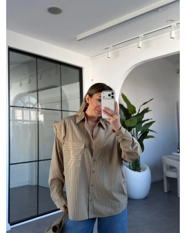 CAMEL ÇİZGİLİ FULAR DETAYLI GÖMLEK 9649