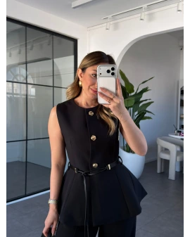 SİYAH KEMERLİ GOLD DÜĞMELİ YELEK 9682