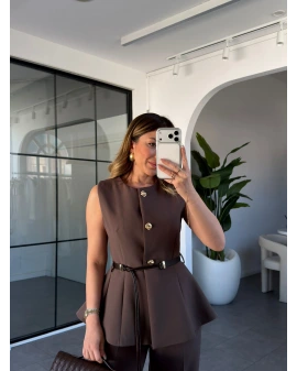 KAHVERENGİ KEMERLİ GOLD DÜĞMELİ YELEK 9682