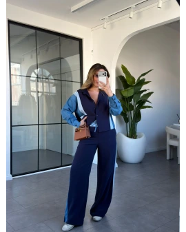 MAVİ JEAN DETAYLI TENCEL PREMİUM TAKIM