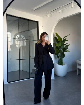 KAHVE İKİ DÜĞMELİ KUŞAKLI CEKET TAKIM