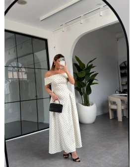 EKRU PUANTİYELİ MADONNA YAKA MİDİ ELBİSE 00888