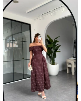 KAHVE PUANTİYELİ MADONNA YAKA MİDİ ELBİSE 00888