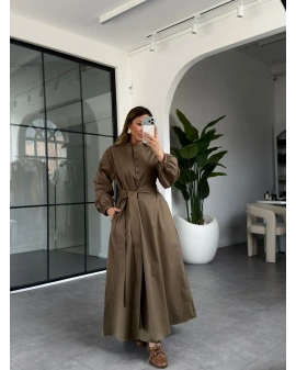 KOYU HAKİ KUŞAKLI UZUN ELBİSE 2349