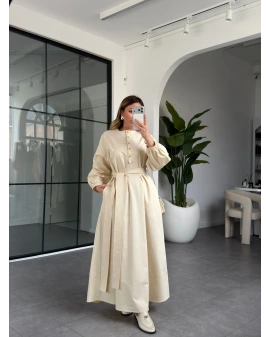 KREM KUŞAKLI UZUN ELBİSE 2349