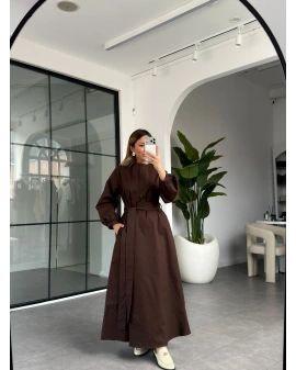 KAHVE KUŞAKLI UZUN ELBİSE 2349